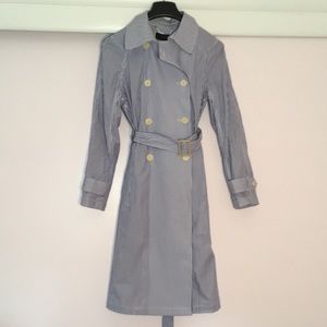J. Crew Blue & White Shirting Double Breasted Stripe Buckle Trench Coat
